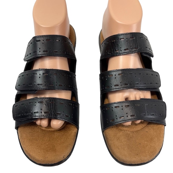 ARRAY Boardwalk Womens 9.5M Black Leather Slide Sandals Adjustable Memory Foam - Picture 2 of 9
